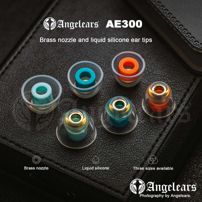 Angelears AE300 Brass Nozzle Liquid Silicone Hybrid Eartips | High-Density Brass Core Soft Silicone Tips S/M/L 3-Pair Pack