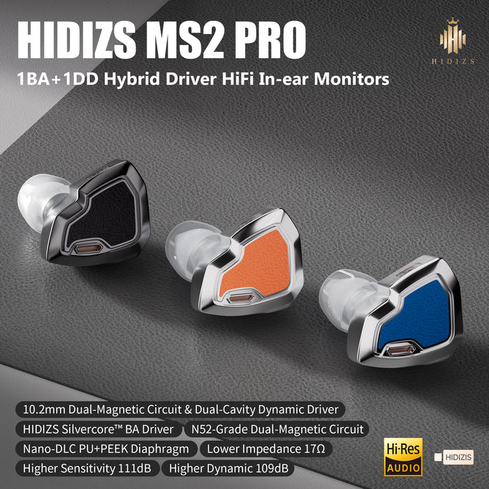 HIDIZS MS2 PRO 1BA + 1DD Hybrid HiFi In-ear Monitors Earphone Hi-Res Audio IEM 0.78mm Wired Music Earbuds