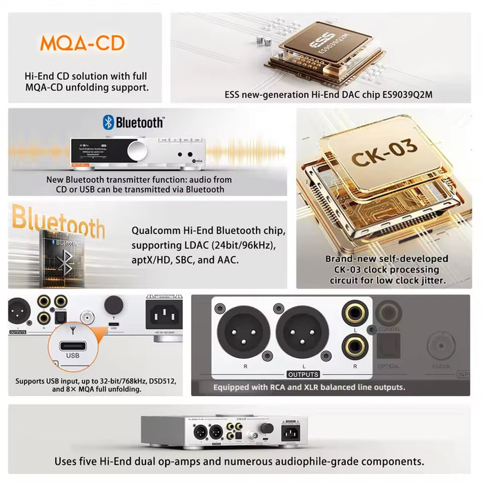 SMSL PL200 MK2 Hi-res CD Player ES9039Q2M DAC Chip Bluetooth USB Clock Input 3.5mm/4.4mm Headphone Optical Coaxial Output