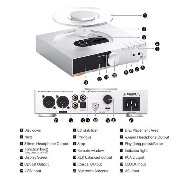 SMSL PL200 MK2 Hi-res CD Player ES9039Q2M DAC Chip Bluetooth USB Clock Input 3.5mm/4.4mm Headphone Optical Coaxial Output