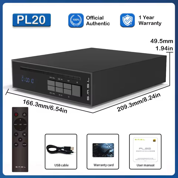 SMSL PL20 Desktop CD Player | Dual CS43131 DAC | One-Touch Lossless CD Ripping | Bidirectional Bluetooth 5.3