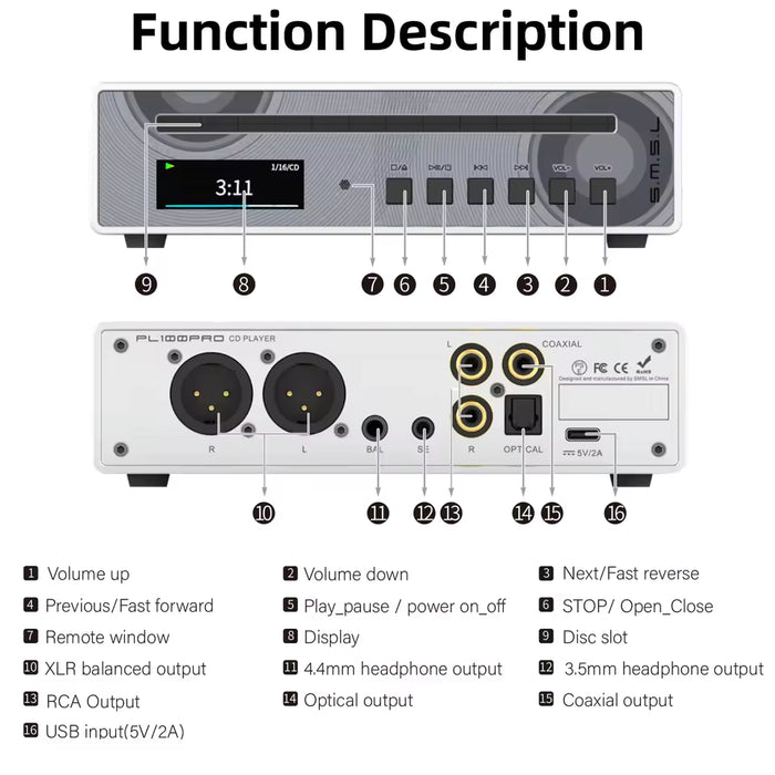 SMSL PL100 Pro MQA-CD Player | Dual CS43131 Audio DAC & Headphone Amplifier