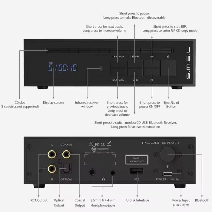 SMSL PL20 Desktop CD Player | Dual CS43131 DAC | One-Touch Lossless CD Ripping | Bidirectional Bluetooth 5.3