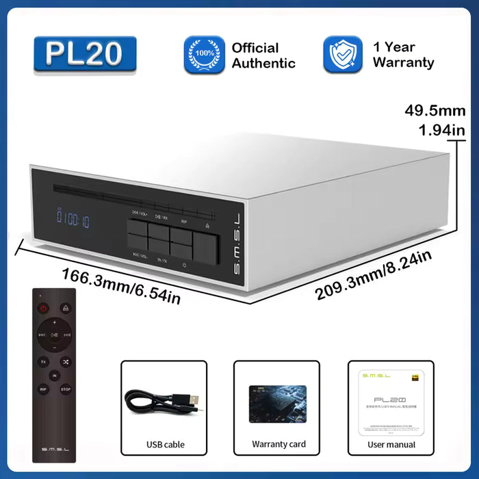 SMSL PL20 Desktop CD Player | Dual CS43131 DAC | One-Touch Lossless CD Ripping | Bidirectional Bluetooth 5.3